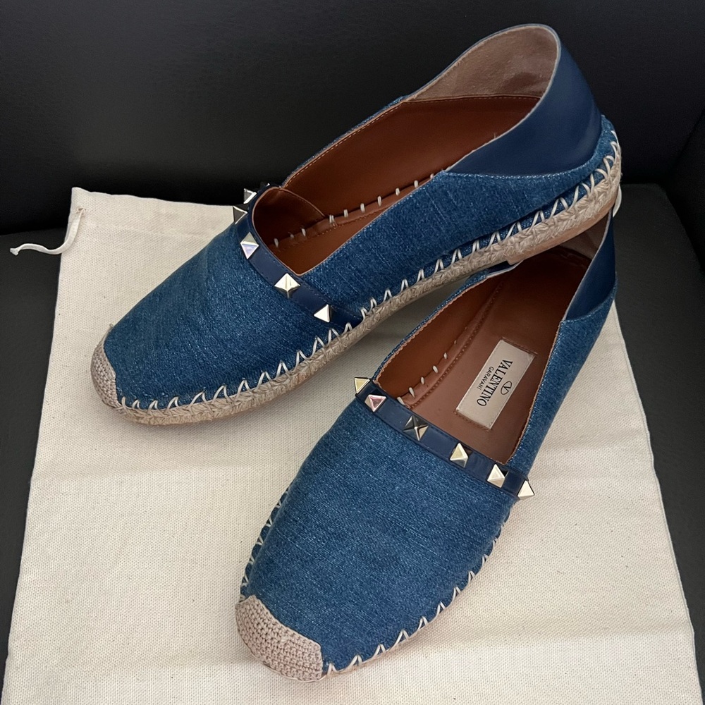 VALENTINO ROCKSTUD Blue Denim Espadrille Convertible Slip-on Mules Flats 38